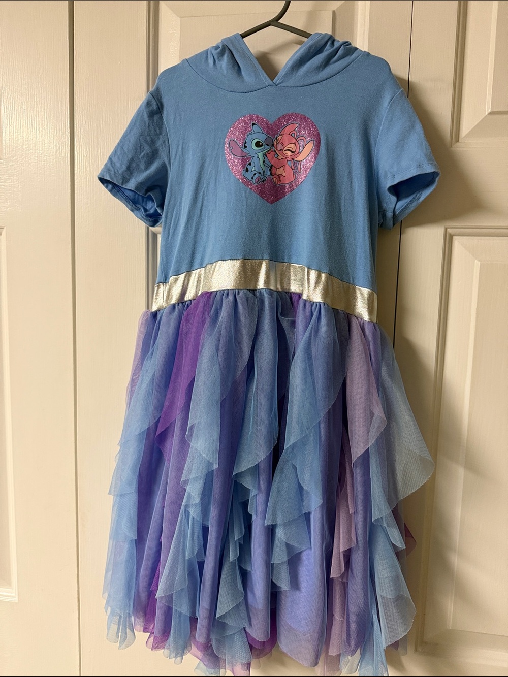 Disney Stitch Light Blue and Purple Hooded Tulle Party Dress w/ silver Waistband